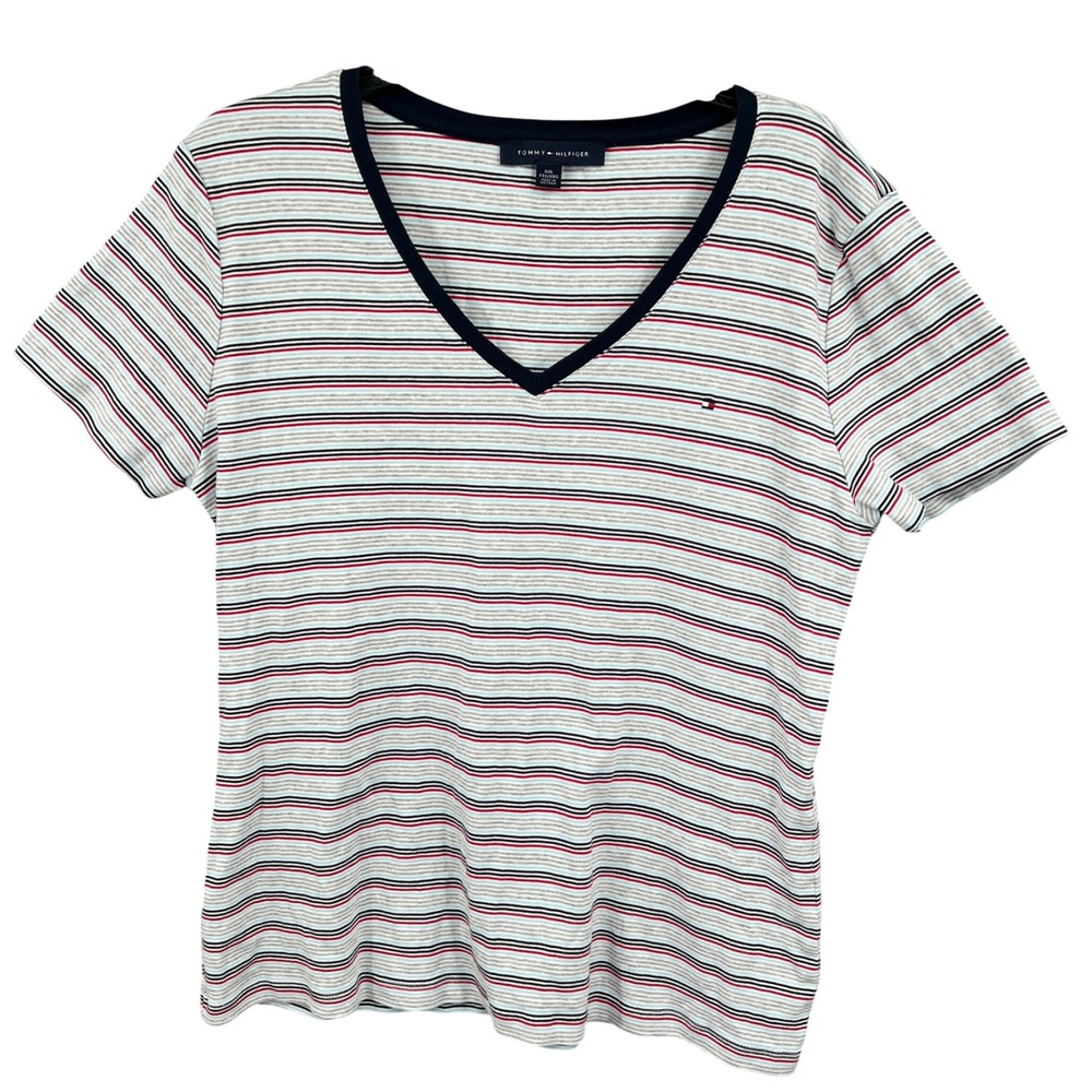 Tommy Hilfiger Womens V-Neck T-Shirt Striped Cotton Size XXL Runs Smaller Prepp